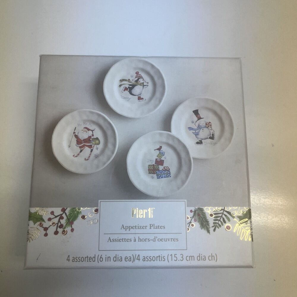 Pier 1 Imports Set Of (4) Christmas Appetizer Plates 6” NEW In Box